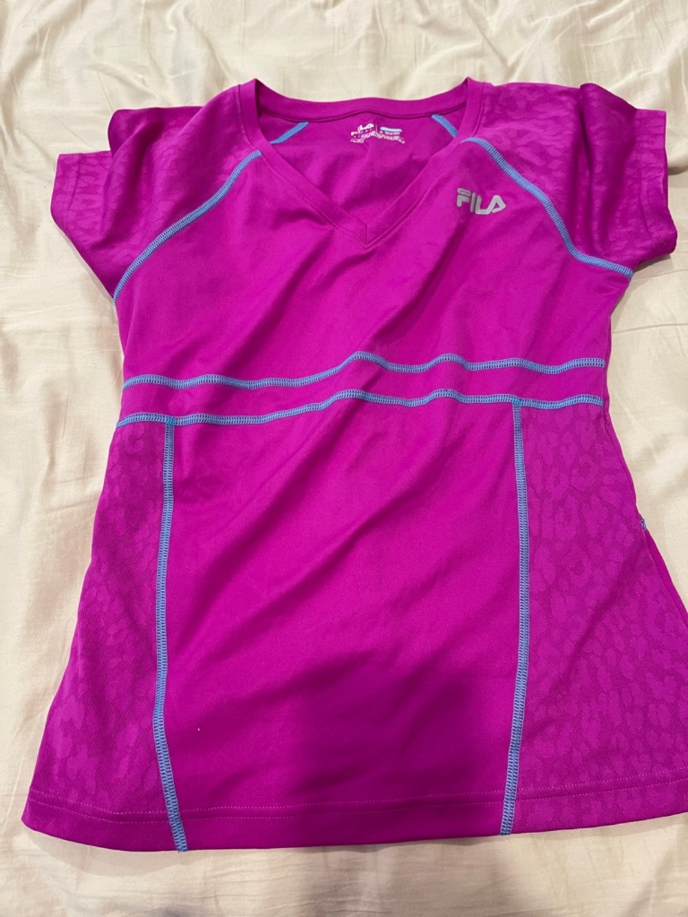 FILA Fuchsia Athletic V-Neck Top with Light Blue Trim